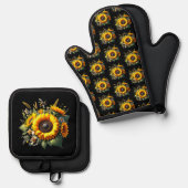 黒いオーブンミットとポットホルダーのひまわり 鍋つかみ&鍋敷きセット (正面/裏面)