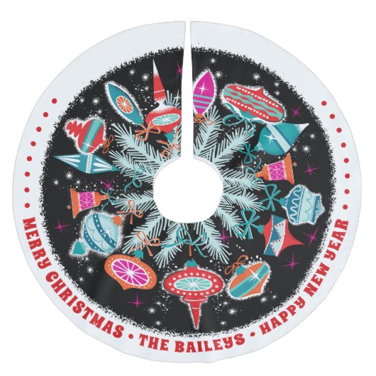 黒いカスタム背景を持つヴィンテージオーナメント ブラッシュドポリエステルツリースカート (正面)