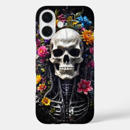 黒いカバーの花柄ドクロ iPhone 16ケース
