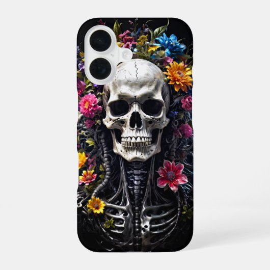 黒いカバーの花柄ドクロ iPhone 16ケース (裏面)