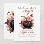 黒いカボチャの花の秋に恋をするベイビーシャワー 招待状 (正面/裏面)