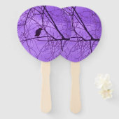 黒いカラスが木に座るシルエット 紫 ハンドファン (正面&裏面)