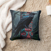 黒いカラスとトーテムポール野生生物アート クッション (ブランケット)