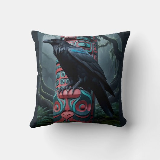 黒いカラスとトーテムポール野生生物アート クッション (裏面)