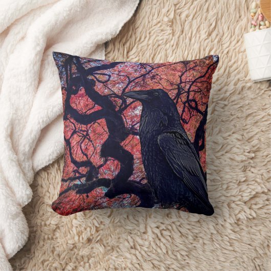 黒いカラスとニャーリ日本のカエデの木 クッション (ブランケット)