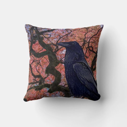黒いカラスとニャーリ日本のカエデの木 クッション (裏面)