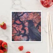 黒いカラスとニャーリ日本のカエデの木 縁ありランチョンナプキン (インサイチュ)