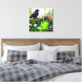 黒いカラスと光る森の小川の油絵 キャンバスプリント (インサイチュ (寝室))