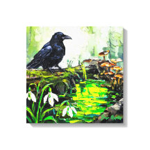 黒いカラスと光る森の小川の油絵