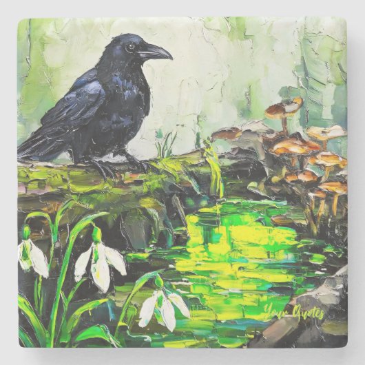 黒いカラスと光る森の小川の油絵 ストーンコースター (正面)
