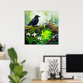 黒いカラスと光る森の小川の油絵 ポスター (ホームオフィス)