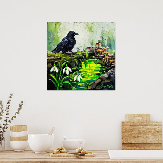 黒いカラスと光る森の小川の油絵 ポスター (キッチン)