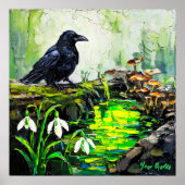 黒いカラスと光る森の小川の油絵 ポスター (正面)