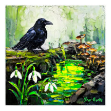 黒いカラスと光る森の小川の油絵