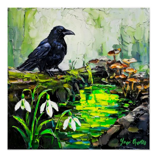 黒いカラスと光る森の小川の油絵 ポスター (正面)
