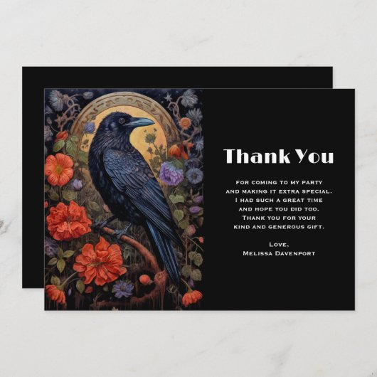黒いカラスと花ゴシックデザインありがとう サンキューカード (正面/裏面)