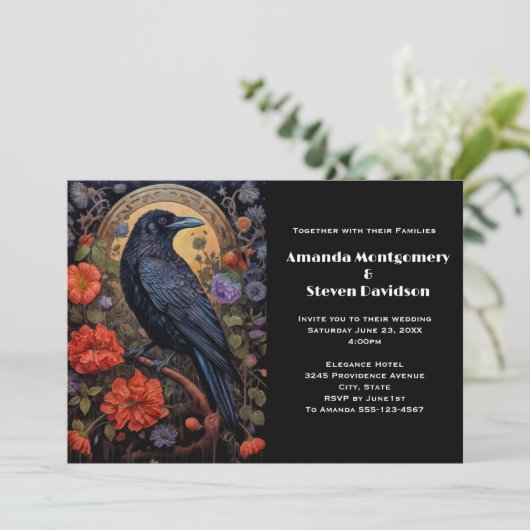 黒いカラスと花ゴシックデザイン結婚ズ 招待状 (スタンド正面)