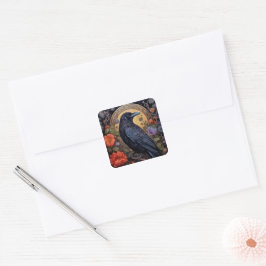 黒いカラスと花ゴシックデザイン スクエアシール (封筒)
