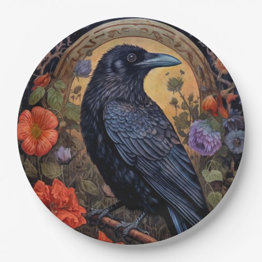 黒いカラスと花ゴシックデザイン ペーパープレート (正面)