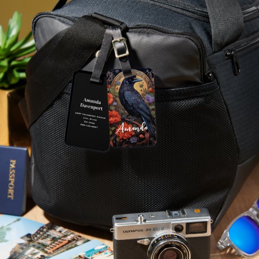 黒いカラスと花ゴシックデザイン ラゲッジタグ (正面&裏面)