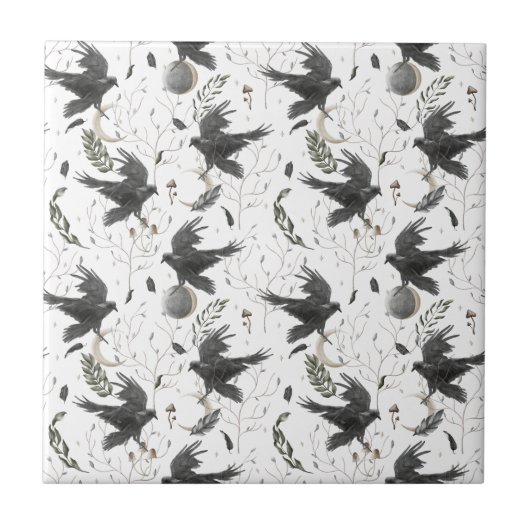 黒いカラス、月と野生の植物ウィッチクラフト タイル (正面)