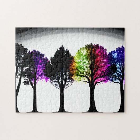 黒いカラフルシルエットの木の葉 ジグソーパズル (横)
