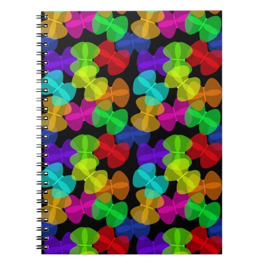 黒いカラフル背景に蝶の模様 ノートブック (正面)