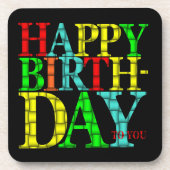 黒いカラフル背景を持つハッピーバースデー文字 コースター (正面)