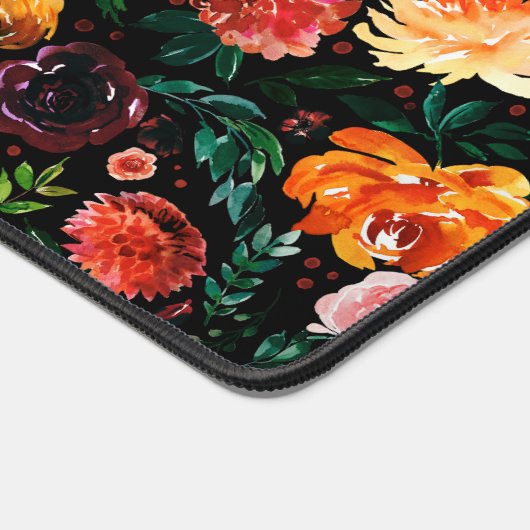黒いカラフル花の模様 デスクマット (コーナー)