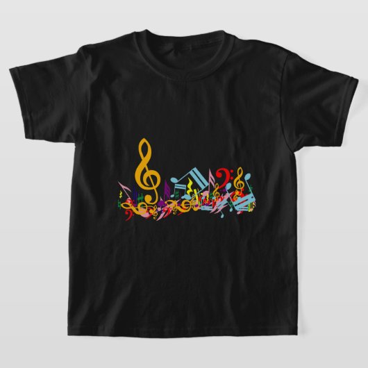 黒いカラフル音符のジャムリング Tシャツ (レイダウン)
