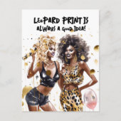 黒いカーリーガールのヒョウ柄水彩パーティー ポストカード (正面)