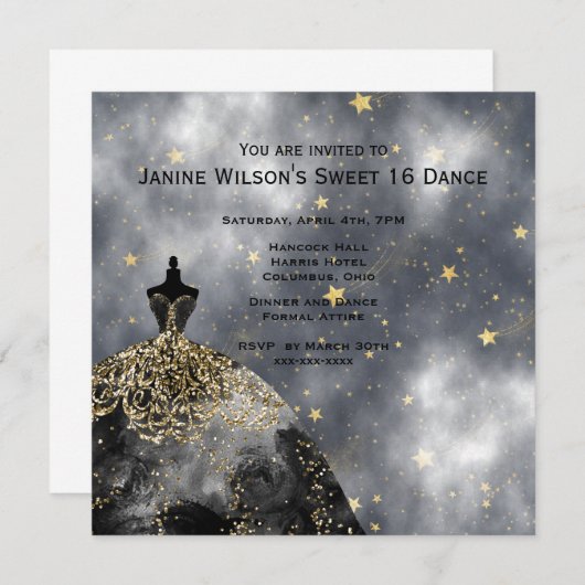 黒いガウンの金ゴールドの黒Sweet16の誕生日 招待状 (正面/裏面)