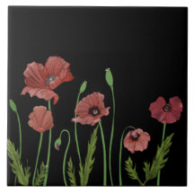 黒いキッチンタイルに赤いケシ