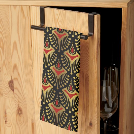 黒いキッチントウの金ゴールドと赤いアールデコパターン キッチンタオル (三つ折り)