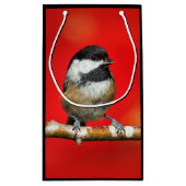 黒いキャップの《鳥》アメリカゴガラの秋の赤の背景 スモールペーパーバッグ (裏面)