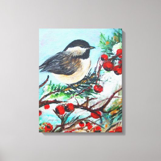 黒いキャップの《鳥》アメリカゴガラ鳥と果実 キャンバスプリント (正面)