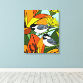 黒いキャップ《鳥》アメリカゴガラとユリの花 キャンバスプリント (インサイチュ (ウッドフロア))