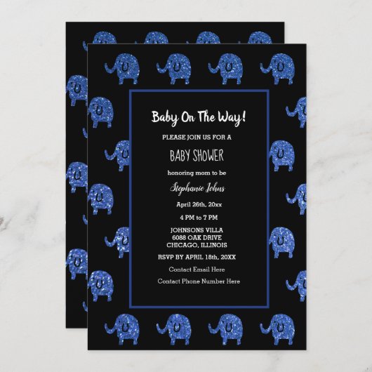 黒いキラキラ色の青い赤ちゃんシャワーエレファントアニマル 招待状 (正面/裏面)