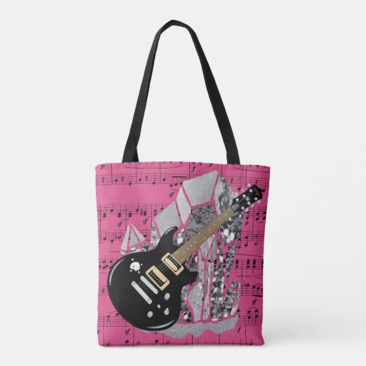 黒いギターのピンクの楽譜の銀の水晶 トートバッグ (裏面)