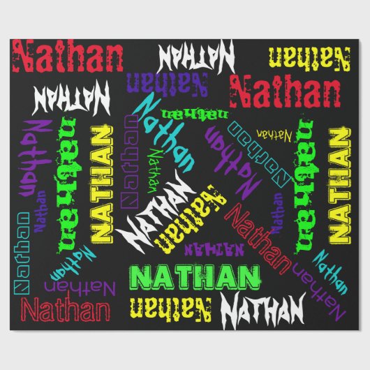 黒いギフト用包装紙ネオン色の名前のコラージュ ラッピングペーパー (フラット)