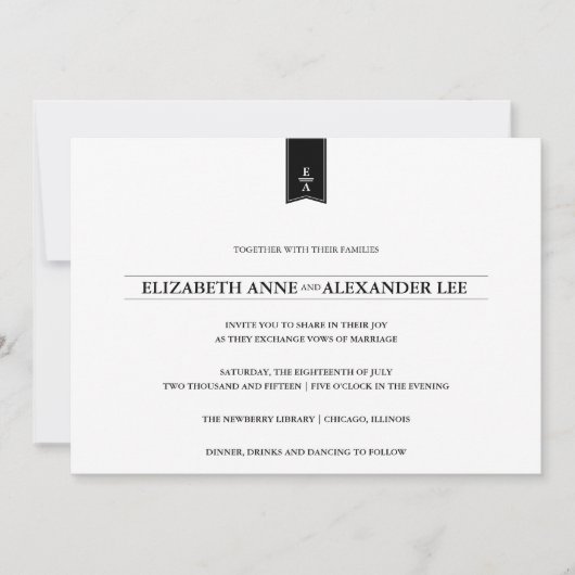 黒いクラシックなモノグラム及び白い結婚式招待状 招待状 (正面)