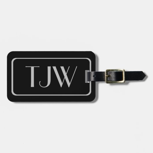 黒いクラシック荷物タグに銀のイニシャル ラゲッジタグ (正面横)