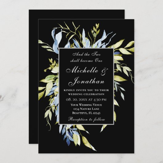 黒いクリスチャンの埃っぽい青い結婚緑 招待状 (正面/裏面)