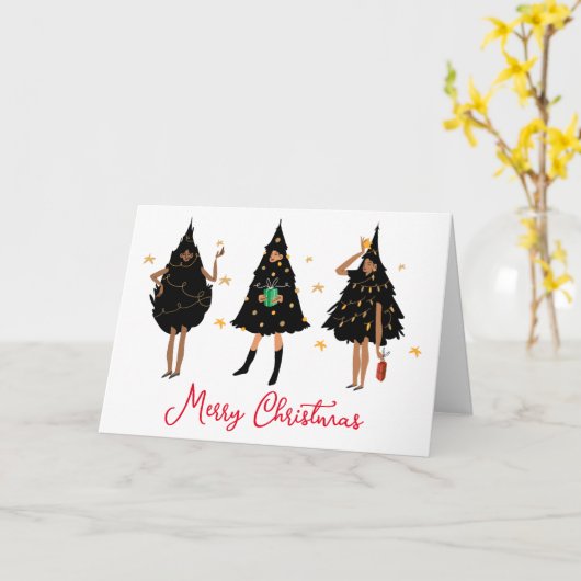 黒いクリスマスツリーに身を包んだ黒人女性パーティー カード (黄色い花)