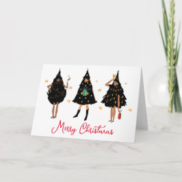 黒いクリスマスツリーに身を包んだ黒人女性パーティー カード
