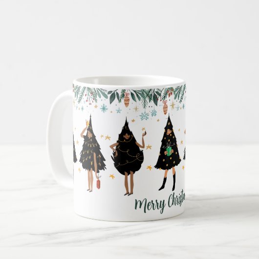 黒いクリスマスツリーに身を包んだ黒人女性パーティー コーヒーマグカップ (正面左)