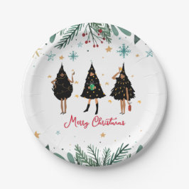黒いクリスマスツリーに身を包んだ黒人女性パーティー ペーパープレート