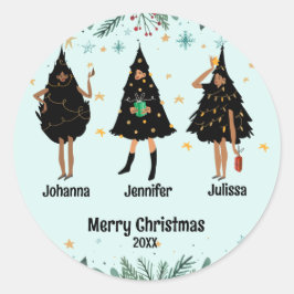 黒いクリスマスツリーに身を包んだ黒人女性パーティー ラウンドシール