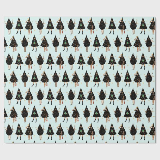 黒いクリスマスツリーに身を包んだ黒人女性パーティー ラッピングペーパー (フラット)