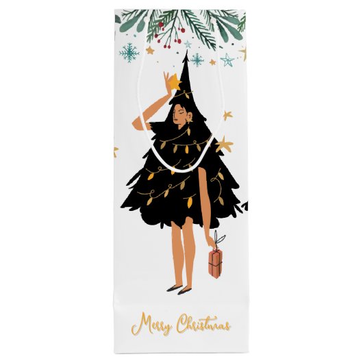 黒いクリスマスツリーに身を包んだ黒人女性パーティー ワインギフトバッグ (裏面)